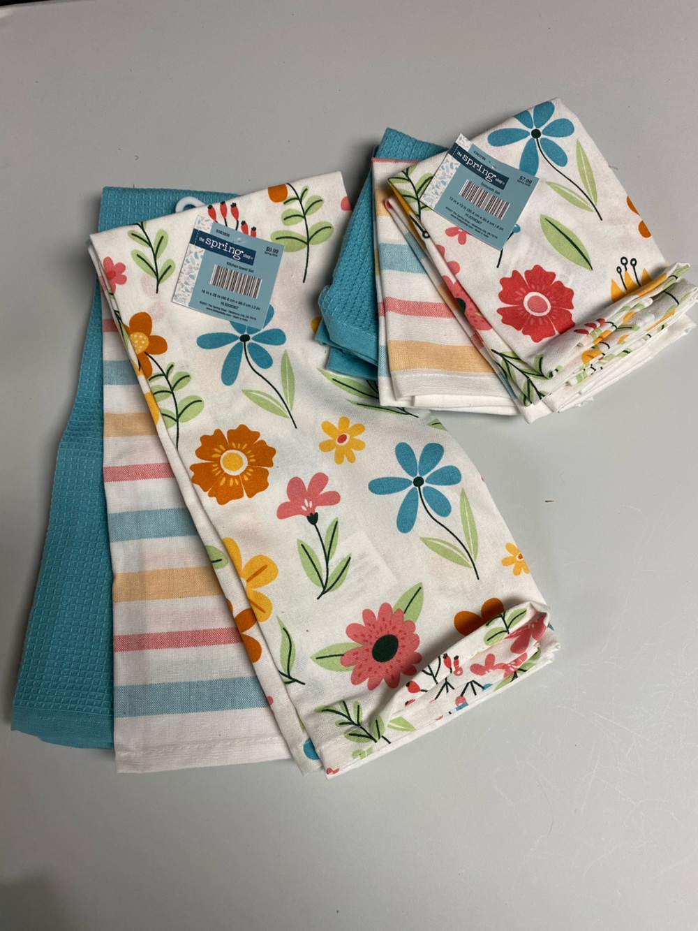 Floral Cotton Kitchen Towels - White with Multicolor Flowers and Teal. NWT